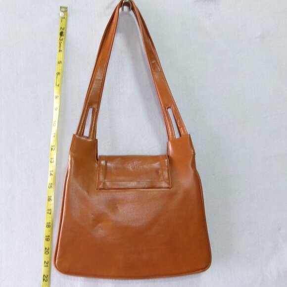 Vintage 1970s Lou Taylor Italy Caramel Brown‎ Shoulder Bag Purse Cosmetic Mirror - Picture 2 of 4